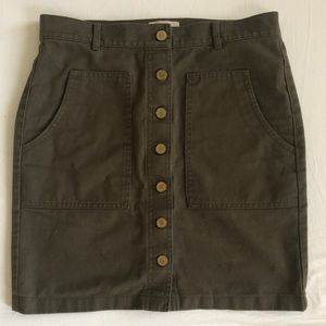 LOFT Button Front Olive Denim A-Line Mini Skirt